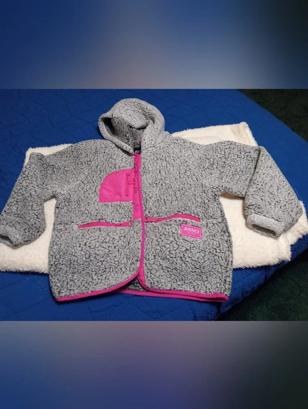 Justice Gray Sherpa Jacket with Hot Pink Accents
